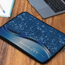 Handwritten Name Navy Blue  Metal Glitter  Laptop Sleeve