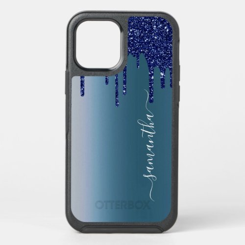 Handwritten Name Navy Blue Metal Glitter Look OtterBox Symmetry iPhone 12 Case