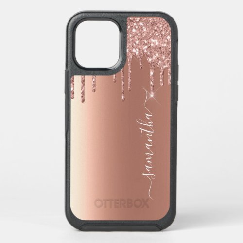 Handwritten Name Rose Gold Metal Glitter Look OtterBox Symmetry iPhone 12 Case