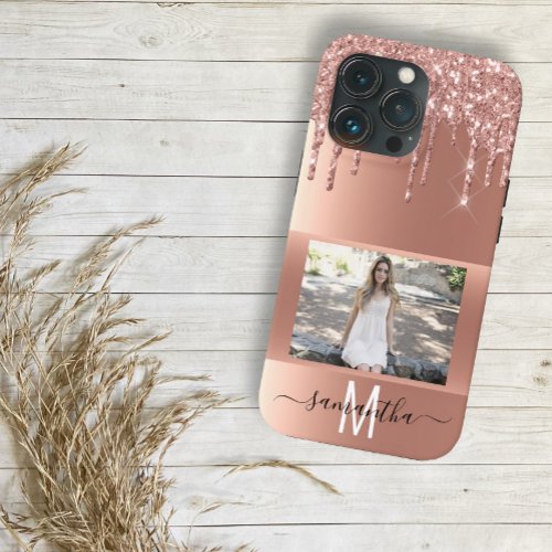 Handwritten Name Rose Gold Metal Glitter Photo  iPhone 13 Pro Case