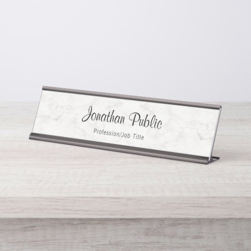 Handwritten Name Script White Marble Modern Desk Name Plate