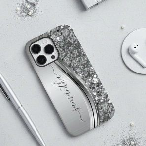 Handwritten Name Silver Metal Faux Glitter Look iPhone 12 Case