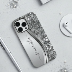 Handwritten Name Silver Metal Faux Glitter Look iPhone 12 Case