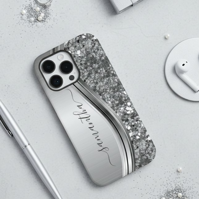 Handwritten Name Silver Metal Faux Glitter Look Case-Mate iPhone Case (Creator Uploaded)