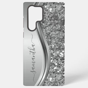 Handwritten Name Silver Metal Faux Glitter Samsung Galaxy S22 Ultra Case