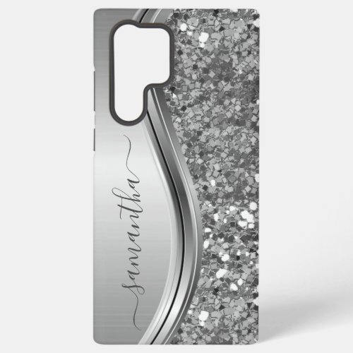 Handwritten Name Silver Metal Faux Glitter    Samsung Galaxy S22 Ultra Case