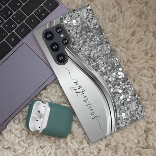 Handwritten Name Silver Metal Faux Glitter  Samsung Galaxy S22 Ultra Case