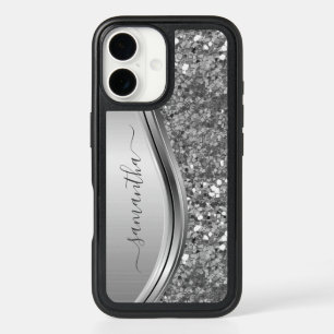 Handwritten Name Silver Metal Glitter 12 iPhone 16 Case