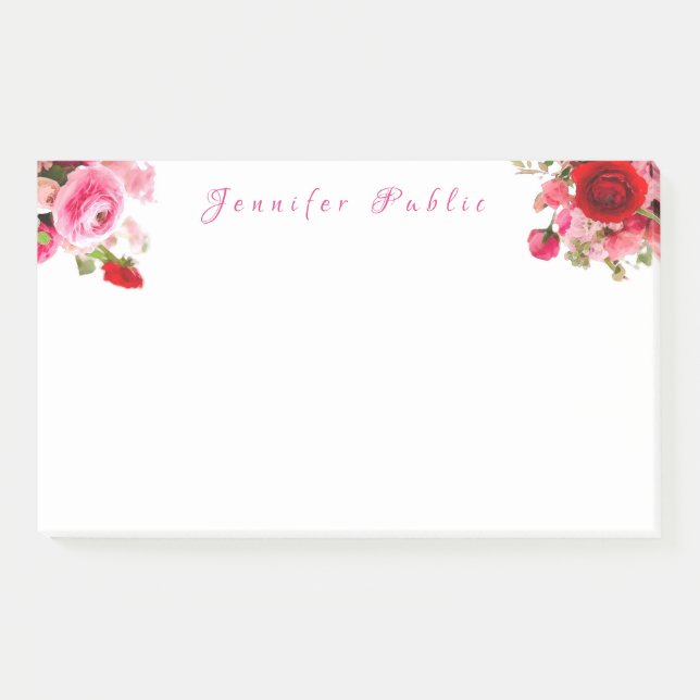 Handwritten Name Text Watercolor Roses Flowers Post-it Notes (Front)