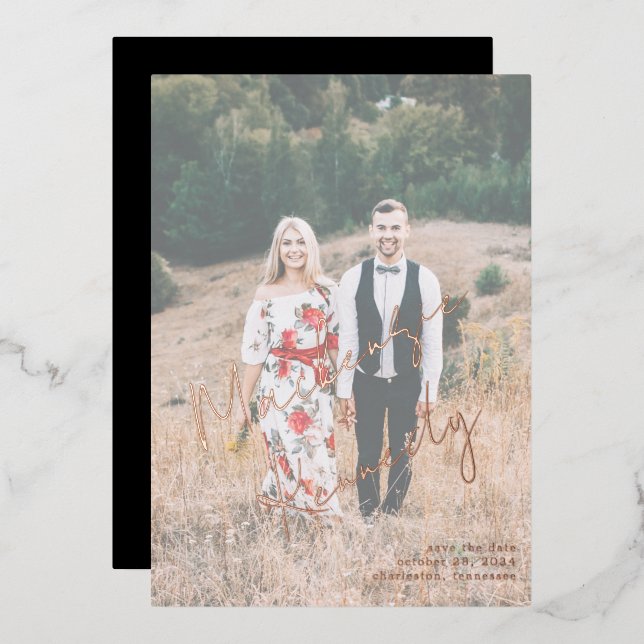 Handwritten Names Photo Gold Foil Save the Date Invitation (Front/Back)