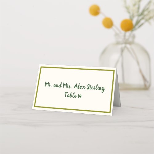 Handwritten Olive Green Bold Border Wedding  Place Card