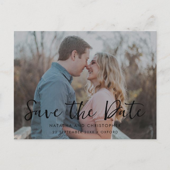 Handwritten Overlay Photo QR Code Save the Date Announcement Postcard (Front)