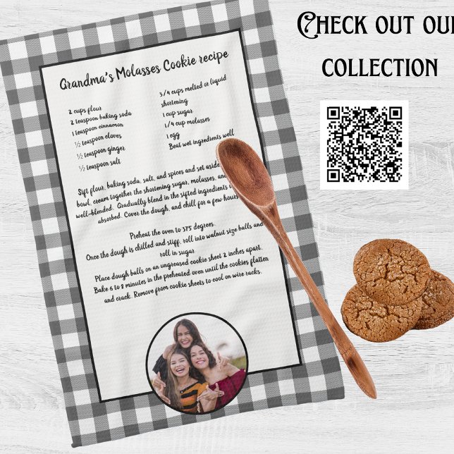 Handwritten Recipe Gray White Plaid Photo  Kitchen Towel (Creator Uploaded)