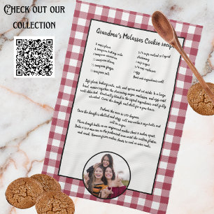 Handwritten Recipe Keepsake Burgundy Plaid Photo Kitchen Towel