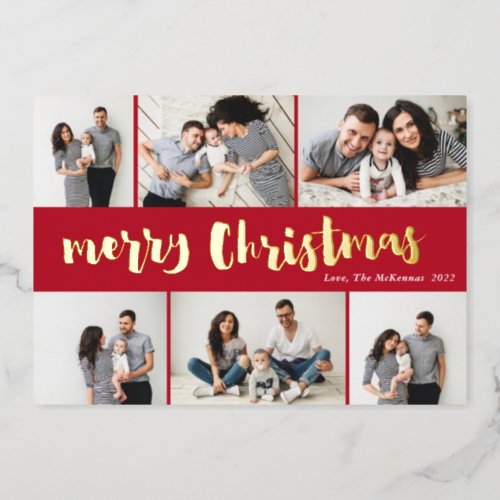 Handwritten Red Merry Christmas 6 Photo Gold Foil Holiday Card