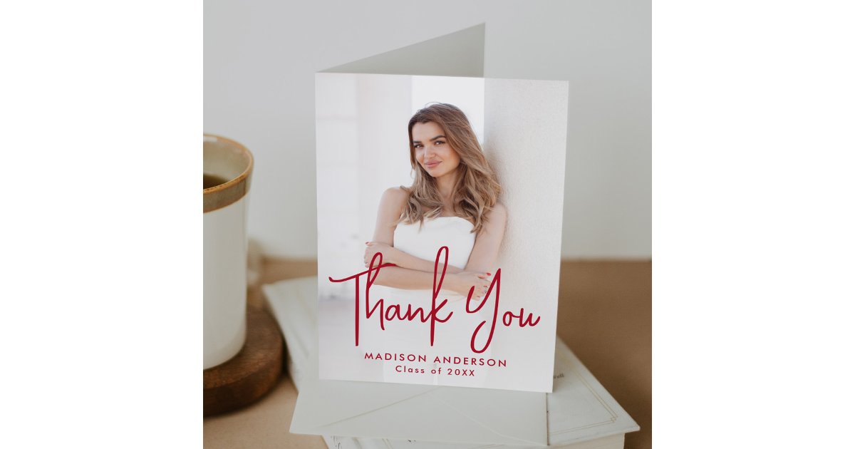 Handwritten Red Script Photo Graduation Thank You Card | Zazzle