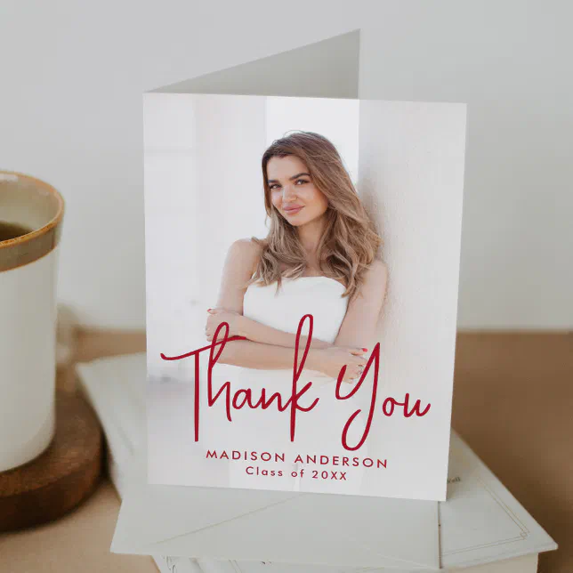 Handwritten Red Script Photo Graduation Thank You Card | Zazzle
