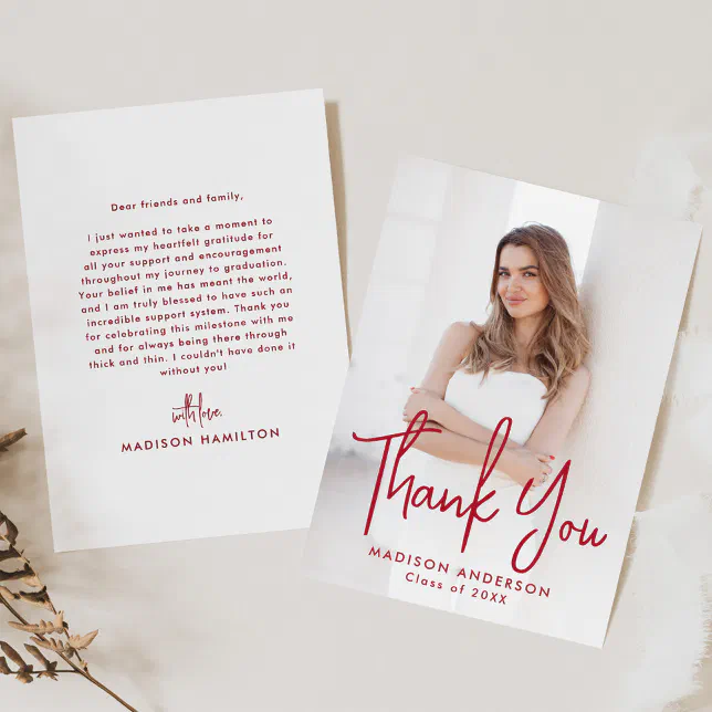 Handwritten Red Script Photo Graduation Thank You Card | Zazzle