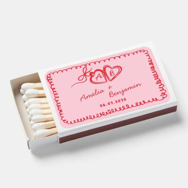 Handwritten retro Champagne Tower Wedding Matchboxes (Front Open)