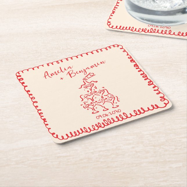 Handwritten  retro Champagne Tower Wedding  Square Paper Coaster (Angled)