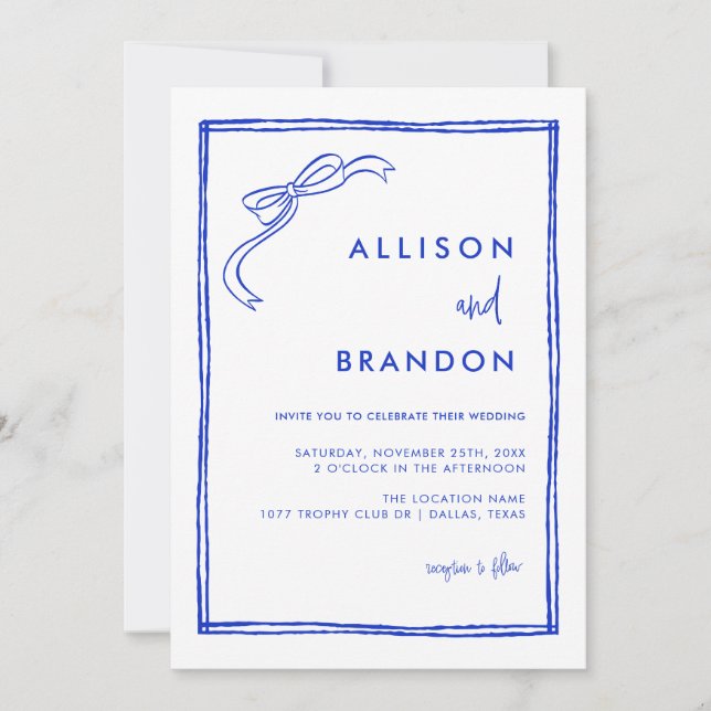 Handwritten Ribbon French Blue Wedding Invitation (Front)