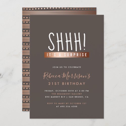 Handwritten Rose Gold Surprise Birthday Party Invitation - Create your own Handwritten Rose Gold Surprise Birthday Party invitations by Eugene Designs. This surprise party design features a modern handwritten and sans-serif typography in a trendy color scheme. On the reverse you can find a faux rose gold hand-drawn pattern on a gray background. Choose from Zazzle's wide range of paper stock to suit your personal needs.