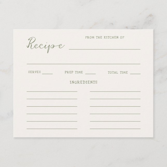 Handwritten Sage Green Bridal Shower Recipe Enclosure Card (Front)
