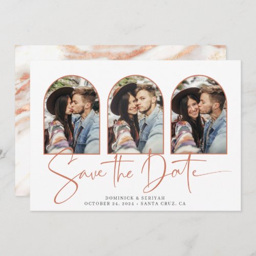 Handwritten Save the Date Rose Gold Marble Arch