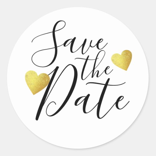 handwritten Save the Date with gold hearts  wedd  Classic Round Sticker