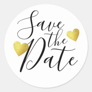 handwritten Save the Date with gold hearts . wedd  Classic Round Sticker