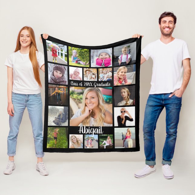 Handwritten Script 19 Photo Collage Graduate Black Fleece Blanket (In Situ)