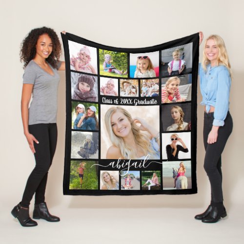 Handwritten Script 19 Photo Collage Graduate Black Fleece Blanket