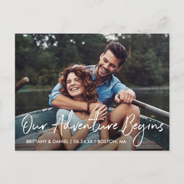 Handwritten Script Adventure Begins Save the Date Postcard (Front)