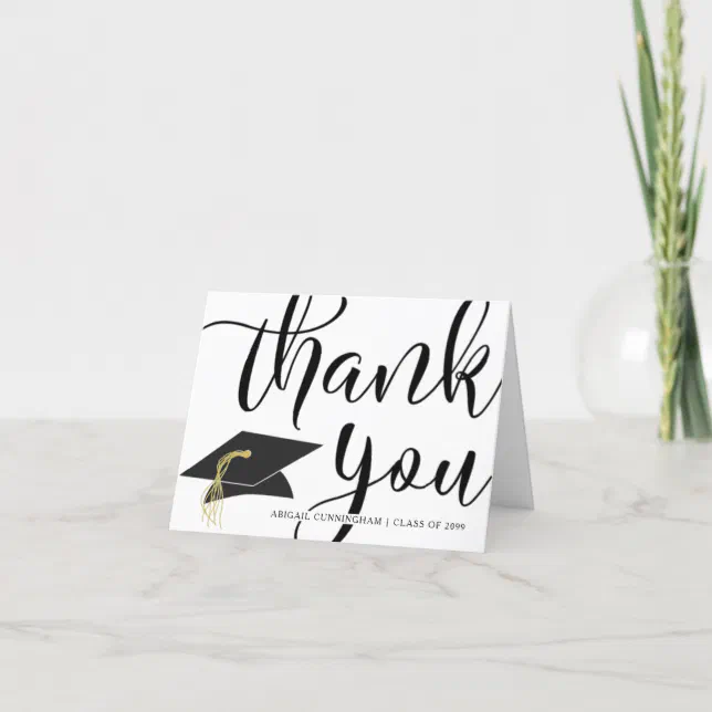 Handwritten Script Black and White Graduation Thank You Card | Zazzle