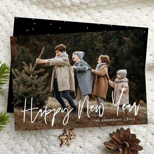 Handwritten Script Black Happy New Year Photo Holiday Card