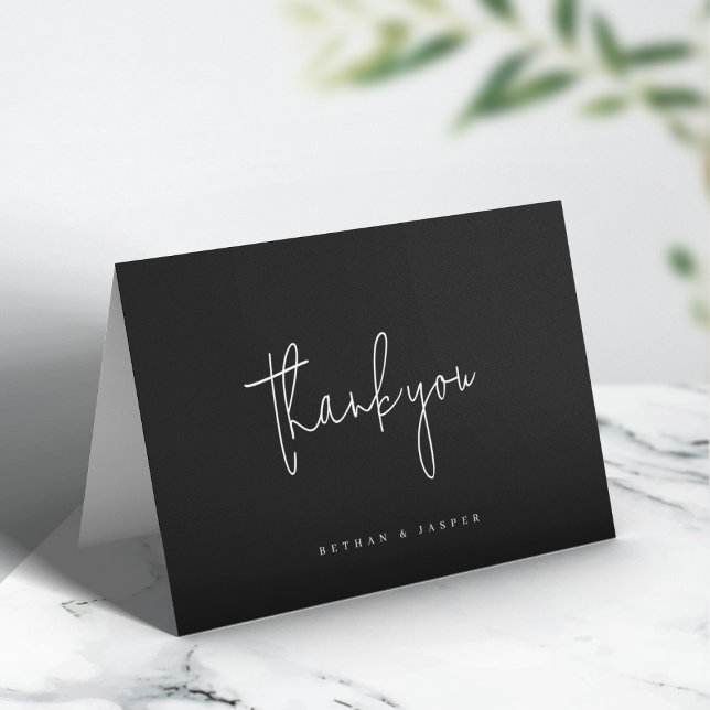 Handwritten Script Black Modern Minimal Wedding Letterpress Thank You Card (Creator Uploaded)