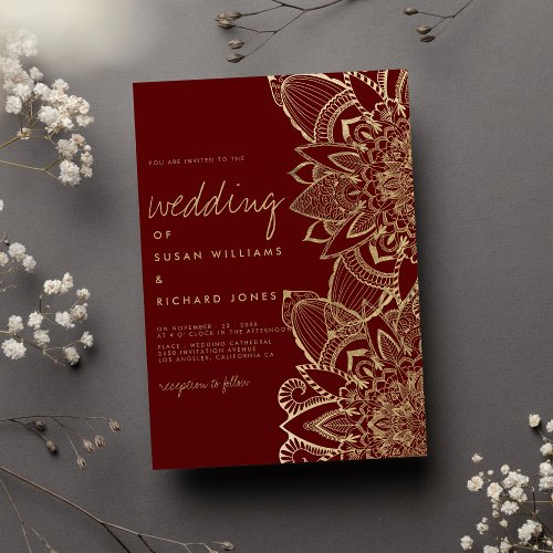 Handwritten script burgundy gold mandala wedding invitation