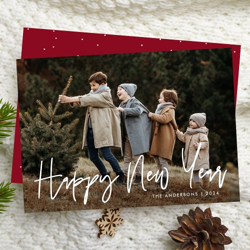 Handwritten Script Burgundy Happy New Year Photo Holiday Card