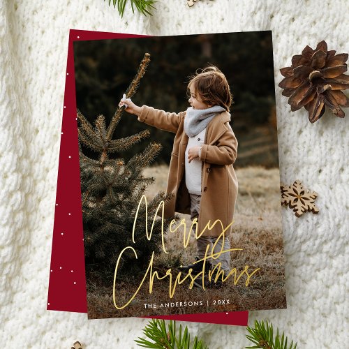 Handwritten Script Burgundy Merry Christmas Photo Foil Holiday Card