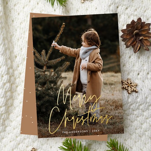 Handwritten Script Camel Merry Christmas Photo Foil Holiday Card