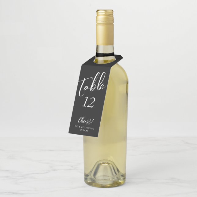 Handwritten Script Cheers Table Number Bottle Tag (Angled)