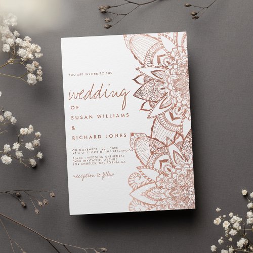 Handwritten script chic rose gold mandala wedding invitation