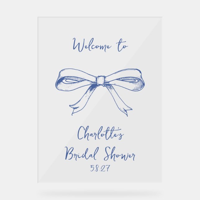 Handwritten Script Coquette Bow Blue Bridal Shower Acrylic Sign (Front)
