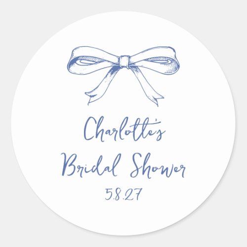 Handwritten Script Coquette Bow Blue Bridal Shower Classic Round Sticker