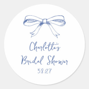 Handwritten Script Coquette Bow Blue Bridal Shower Classic Round Sticker