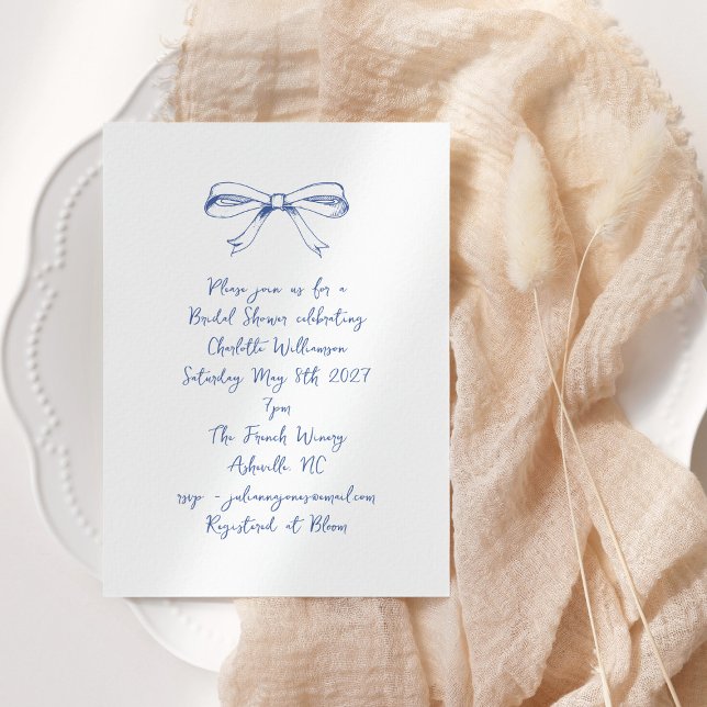 Handwritten Script Coquette Bow Blue Bridal Shower Invitation (Creator Uploaded)