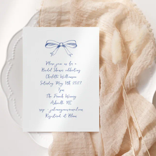 Handwritten Script Coquette Bow Blue Bridal Shower Invitation | Zazzle