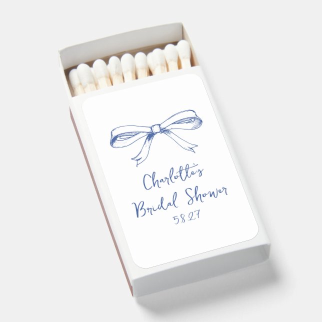 Handwritten Script Coquette Bow Blue Bridal Shower Matchboxes (Front Open)