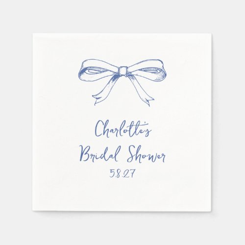 Handwritten Script Coquette Bow Blue Bridal Shower Napkins