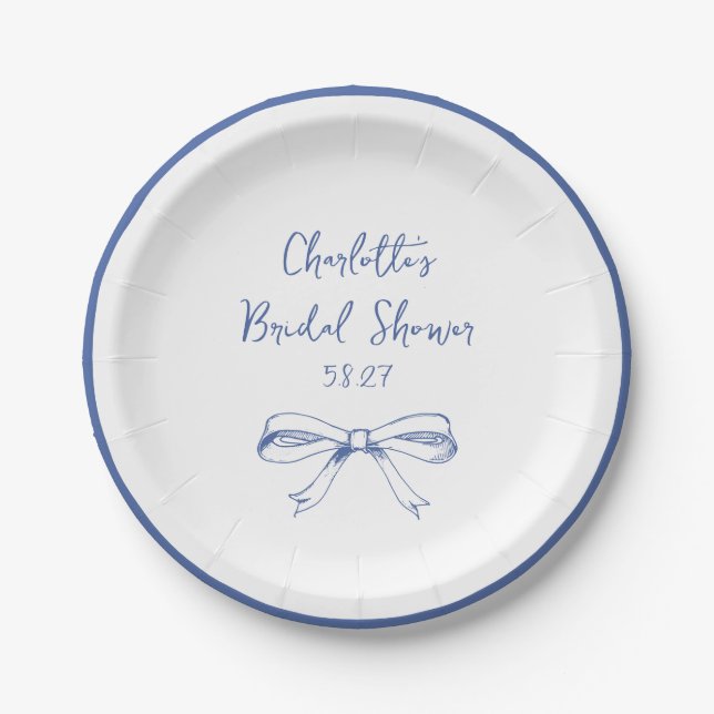 Handwritten Script Coquette Bow Blue Bridal Shower Paper Plates (Front)